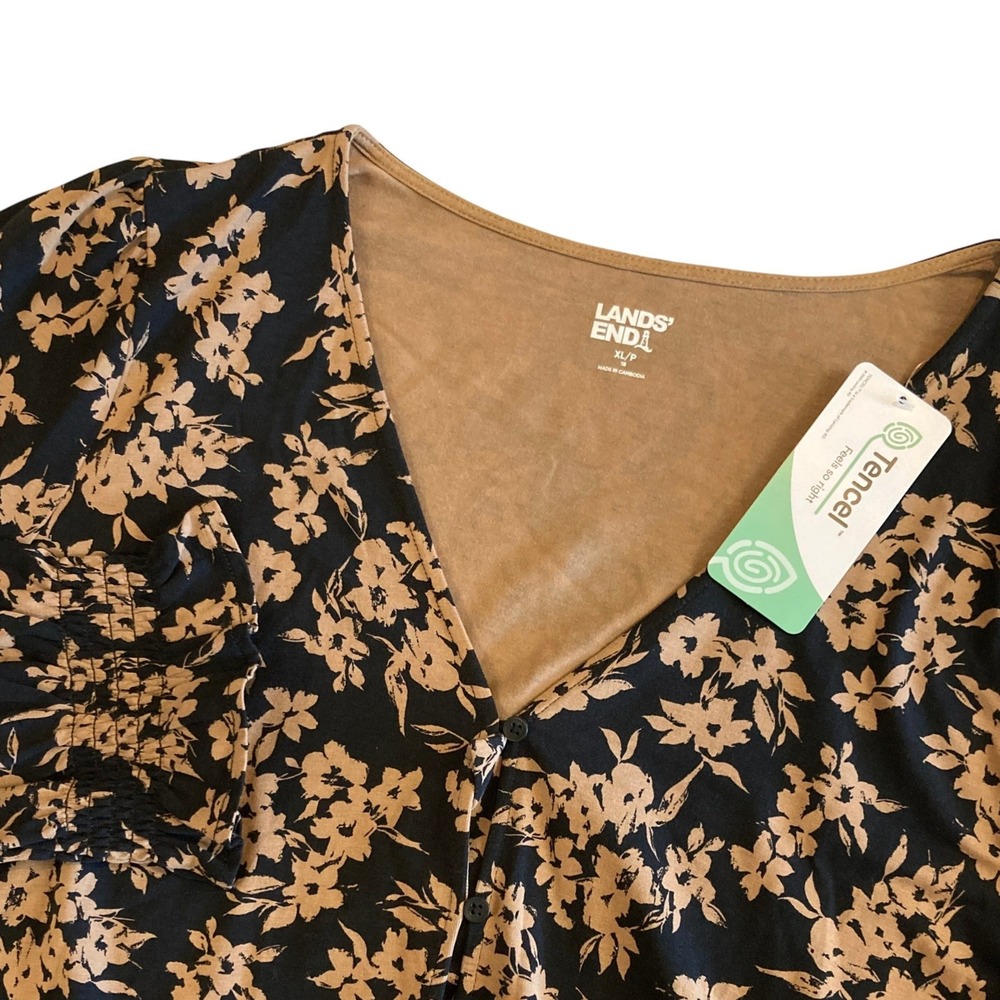 NEW Lands End Women XL Petite Floral Tencel Blouse Black Tan V-Neck Ruffle Wrist